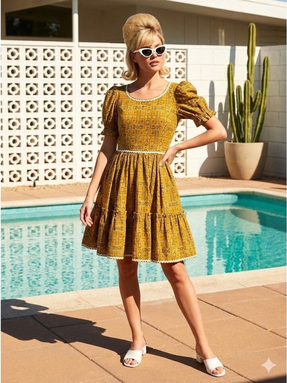 Vintage 1950s Golden Yellow Cotton Rickrack Circle Skirt Tea Patio Dress Med